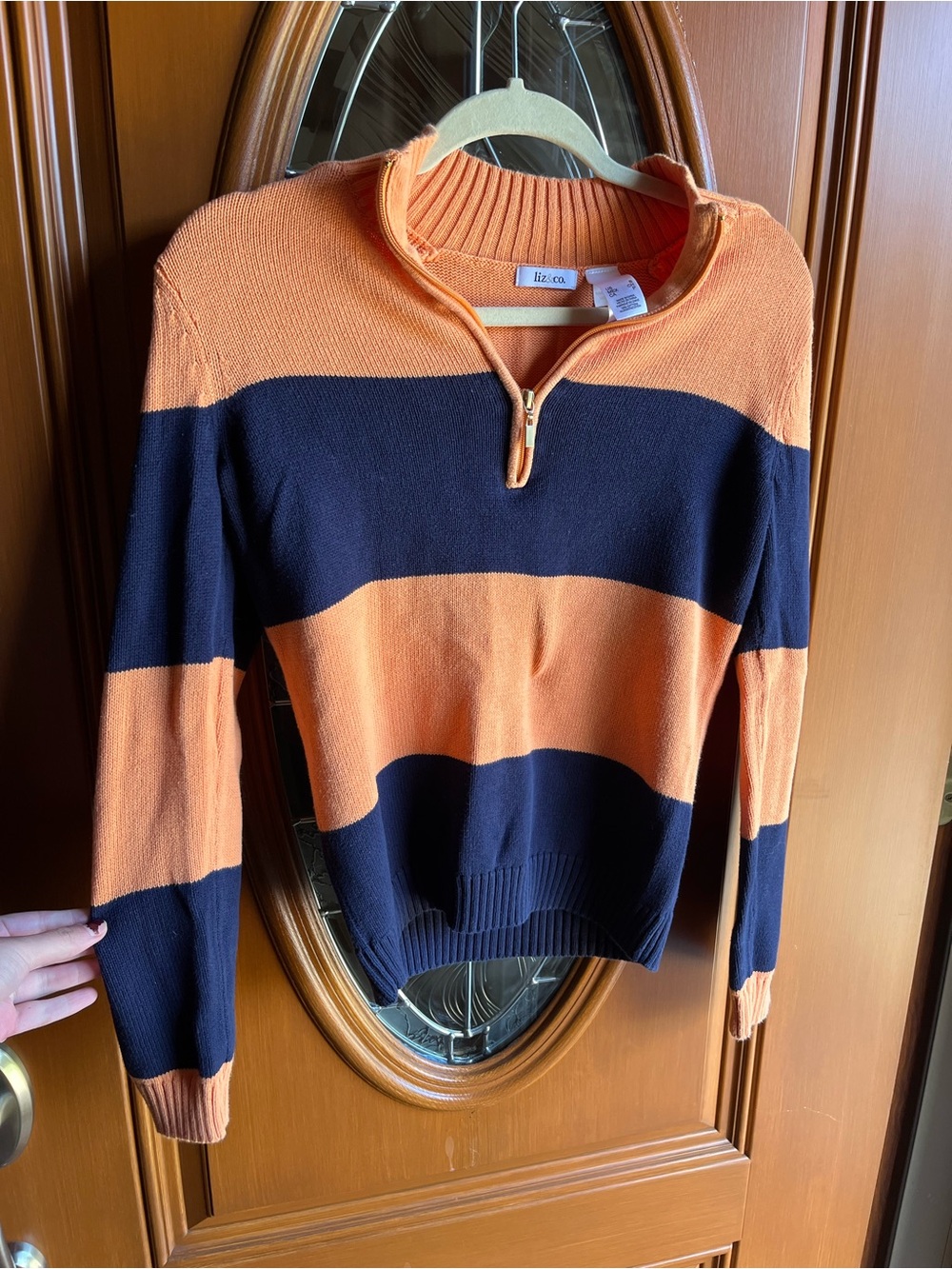 liz & co. Set of 2 Cotton Orange and Navy Striped Half-Zip Sweater NWOT Small